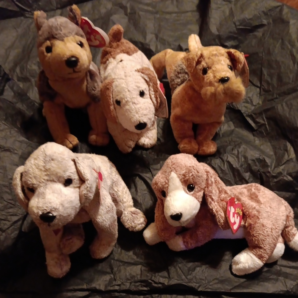 NWT TY BEANIE BABIES SARGE,TRICKS, RUFUS, WHISKERS & SNIFFER